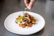 Крупним планом чоловіча кухарська рука прикрашає тарілку салату з органічними травами . — стокове фото