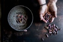 High angle view of female hands sorting purple speckled beans into bowl on wooden table. — Stock Photo
