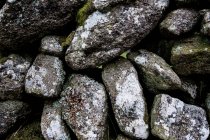 Close-up de parede de pedra seca com pedras parcialmente cobertas de musgo, Cornwall, Inglaterra, Reino Unido . — Fotografia de Stock