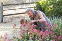 Abuela mayor y nieto pequeño poda rosas en el jardín . - foto de stock