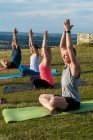 Groupe de femmes et d'hommes prenant part à des cours de yoga en plein air sur une colline . — Photo de stock