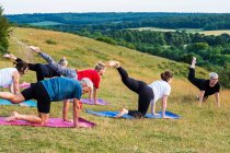 Gruppo di donne e uomo che partecipano a lezioni di yoga all'aperto su una collina . — Foto stock