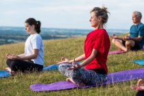 Group of women and man taking part in outdoor yoga class on a hillside. — Stock Photo