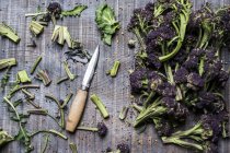 Hochwinkel-Nahaufnahme von lila keimendem Brokkoli und Messer mit Holzgriff. — Stockfoto