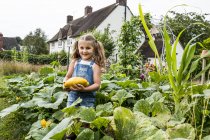Menina em pé no remendo vegetal no jardim, segurando cabaça amarela, sorrindo na câmera . — Fotografia de Stock