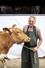 Retrato de un granjero vistiendo delantal verde sonriendo en cámara mientras sostiene la vaca Guernsey . - foto de stock