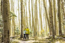 Rear view of mother and teenage daughter hiking in autumn aspens — Stock Photo