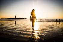 Vista vertical de la mujer que camina hacia la playa durante la puesta de sol. - foto de stock