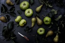 Alto ángulo de cerca de peras verdes y manzanas Bramley sobre fondo negro . - foto de stock