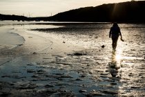 Vue arrière d'une femme traversant une plage sablonneuse au coucher du soleil, avec des voiliers et des falaises au loin. — Photo de stock