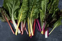 High angle close up of a bunch of freshly picked Swiss rainbow chard on grey background. — Stock Photo
