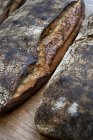 Gran ángulo de cerca de dos panes recién horneados en una panadería artesanal . - foto de stock