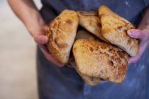 Close up of person holding freshly baked bread rolls in an artisan bakery. — Stock Photo