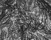 Imagen en blanco y negro invertida de redes de pesca comerciales y cuerdas en un muelle de pesca . - foto de stock