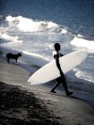 Vista lateral do homem na praia arenosa carregando prancha de surf em ondas do oceano, cão em pé no fundo. — Fotografia de Stock