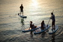 Tiro de ângulo alto de pessoas em paddleboards ao pôr do sol. — Fotografia de Stock