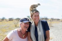 Donna adulta con Meerkat in testa, Kalahari Desert, Makgadikgadi Salt Pans, Botswana — Foto stock