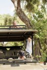 Three people, woman sitting in vehicle and two children climbing up onto the observation platform under trees. — Stock Photo
