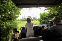 Sechsjähriger Junge steht im Safari-Fahrzeug und blickt in die Landschaft. — Stockfoto