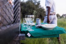 Snacks y bebidas en mesa plegable, vehículo safari, Botswana - foto de stock