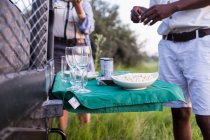 Lanches e bebidas na mesa dobrável, veículo safari, Botsuana — Fotografia de Stock