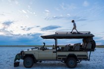 6-jähriger Junge steht auf Safari-Fahrzeug, Nxai Pan, Botswana — Stockfoto