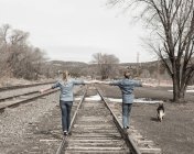 Друзья девушки шли вместе по железнодорожным путям, Н. М.. — стоковое фото