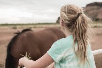 Teenager sieht Pferd auf Koppel an — Stockfoto