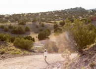 Quattro anni ragazzo escursioni in un paesaggio rurale — Foto stock