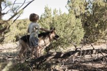 4-jähriger Junge wandert in ländlicher Landschaft, Lamy, NM. — Stockfoto