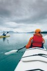 Kayak da mare che remano nelle acque incontaminate di una insenatura sulla costa dell'Alaska. — Foto stock