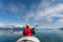 A small group of people kayaks in pristine waters of an inlet on the Alaska coastline. — Stock Photo