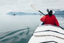 Un piccolo gruppo di kayaker di mare pagaia acque incontaminate di Muir Inlet nel Glacier Bay National Park, Alaska — Foto stock