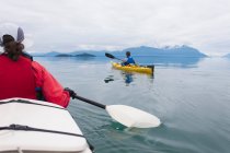 Un pequeño grupo de kayakistas de mar reman aguas cristalinas de Muir Inlet en el Parque Nacional Glacier Bay, Alaska - foto de stock