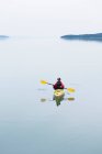 Самка морского каякера, гребущая нетронутыми водами залива Мьюир, пасмурное небо вдали, Национальный парк Ледниковый залив, Аляска — стоковое фото