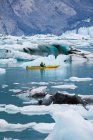 Sea kayaker paddling in glacial lagoon at a glacier terminus on the coast of Alaska — Stock Photo