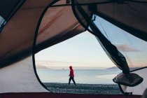 View through doorway of camping tent of woman walking on beach, Muir Inlet in distance, Glacier Bay National Park, Alaska — Stock Photo