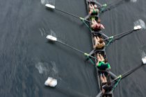 Blick von oben auf eine Mannschaft, die in einem Vierer auf der Oberfläche eines Sees rudert. — Stockfoto