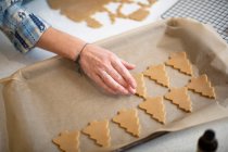 Grand angle gros plan de la femme plaçant des biscuits d'arbre de Noël sur une plaque de cuisson. — Photo de stock