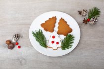 Alto angolo da vicino delle decorazioni natalizie e dei biscotti dell'albero di Natale su un piatto bianco. — Foto stock