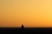 Person, die bei Sonnenuntergang durch die Makadikadi-Salinen in Botswana läuft. — Stockfoto