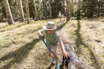 7 year old boy walking his dog in forest of Aspen trees — Stock Photo