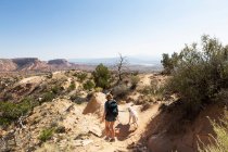 Teenage girl and her retriever dog hiking on a trail through a protected canyon landscape — Stock Photo