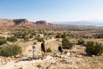 Три людини, сімейний піший похід по стежці через захищений каньйонний пейзаж — стокове фото