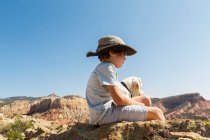 Junge sitzt mit Hund auf Felsen — Stockfoto