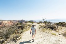 Jeune garçon randonnée sur Cheminée Rock Trail, à travers un paysage de canyon protégé — Photo de stock