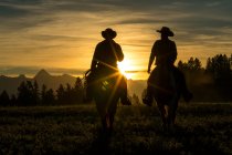 Dos vaqueros cabalgando por pastizales con montañas en el fondo, temprano en la mañana - foto de stock