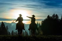 Dos vaqueros cabalgando por pastizales con montañas en el fondo, temprano en la mañana - foto de stock
