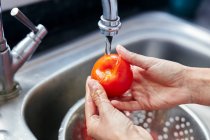 Primer plano vista parcial de la mujer lavando tomate en el fregadero - foto de stock