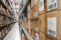 Cardboard boxes on tall shelves in warehouse and long empty aisles reaching into the distance. — Stock Photo
